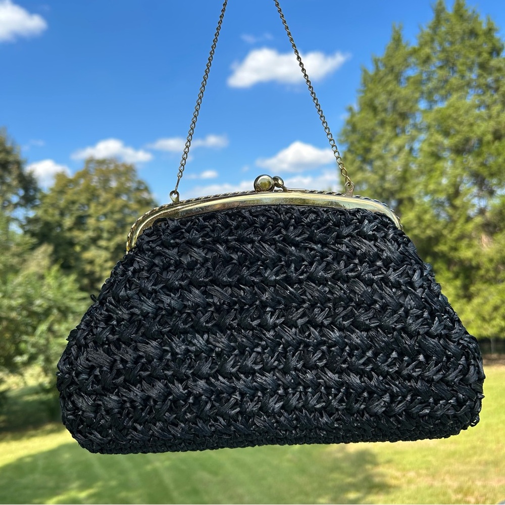 vintage black and gold raffia clutch snap purse with chain